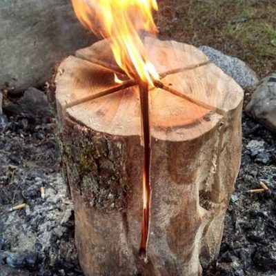 Fire burning from a log that has been split.
