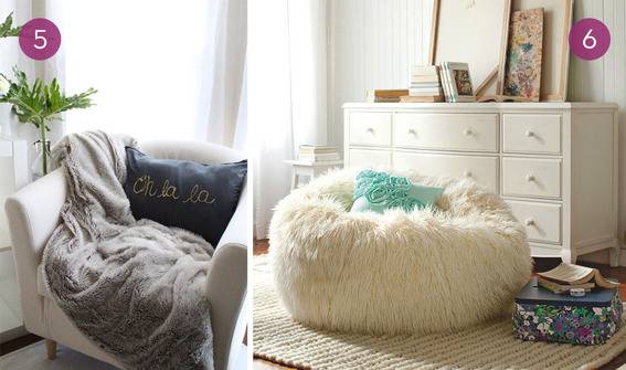 Large fluffy chair, and lounge chair with a throw blanket.