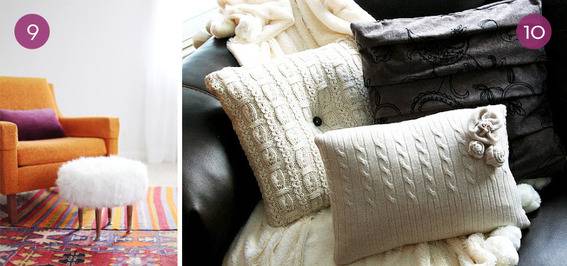 Throw pillows made from old sweaters, and an orange chair with a fluffy footstool.