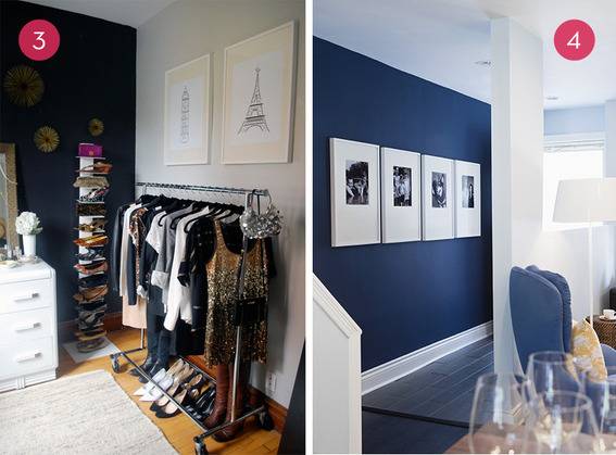 Different ways to style dark blue as an accent color in rooms.
