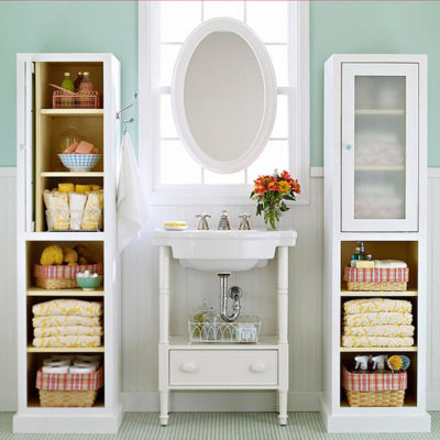 "Storage cupboards to Declutter a bathroom"