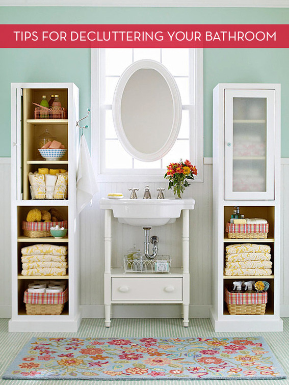 "Storage cupboards to Declutter a bathroom"