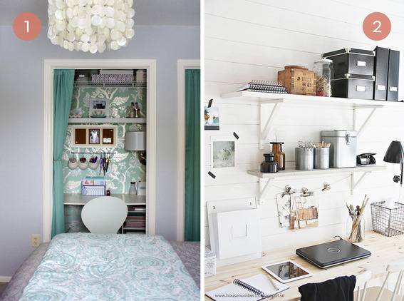 An office in a closet with a green curtain, a home office with white shelves over a desk with a laptop on it.