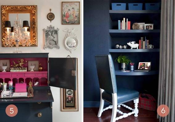 A small home office decorated with various items are showcased through two images.