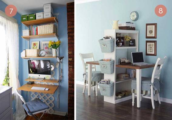 Different ways to use blue paint, and organize a small office space.