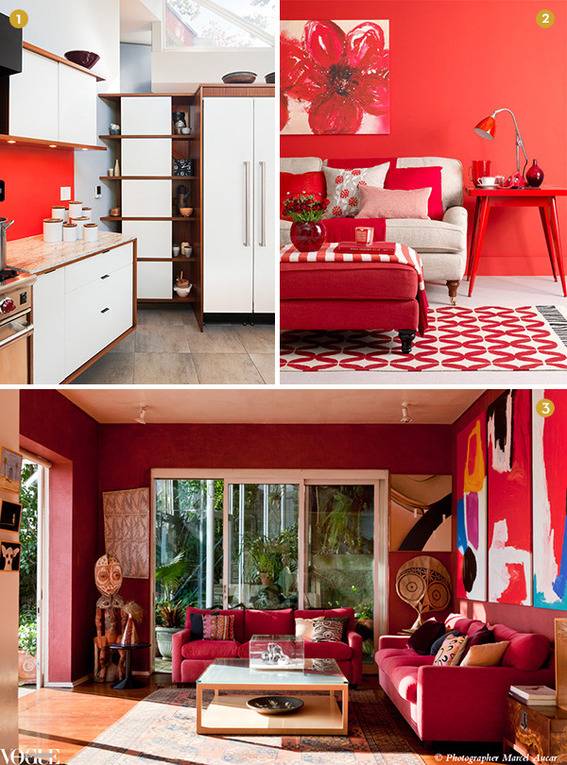 Rooms and kitchens with red walls.