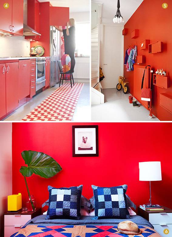 Red walls in a kitchen, entryway, and bedroom.