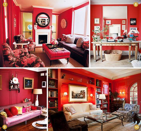 Traditional style rooms with bold red walls.