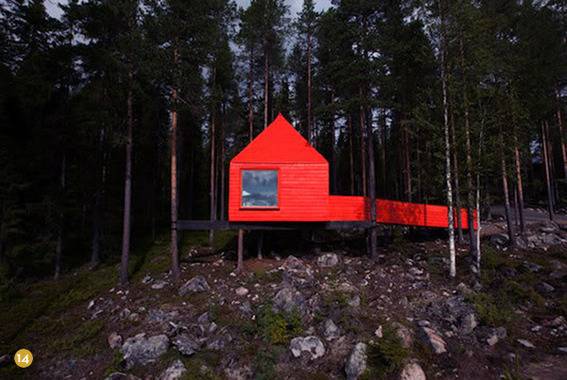 A floating red cabin.