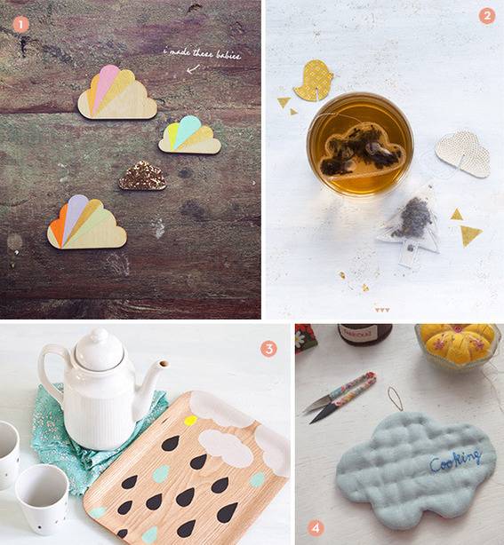 Decorative items like a kettle, cups, tray, paper clouds are shown in four images.