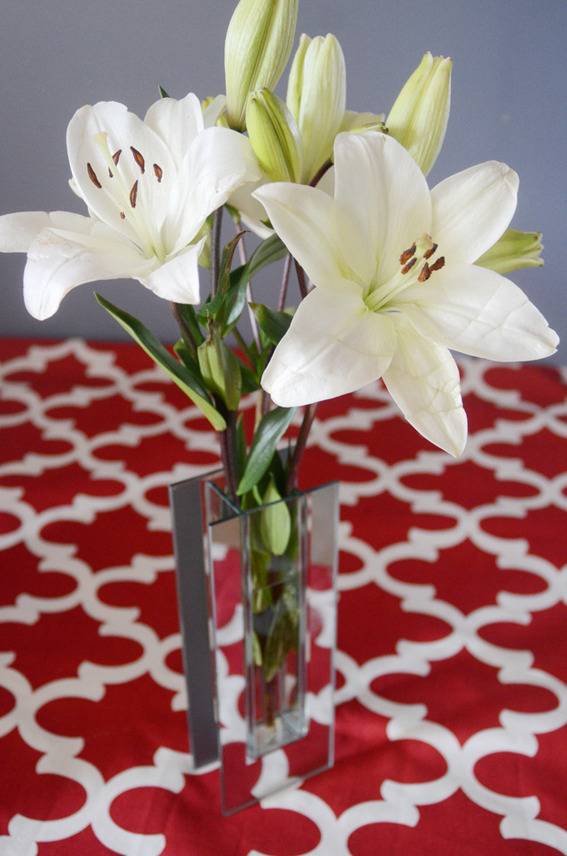 Two fully bloomed lilies are in a clear vase on a red and white tablecloth