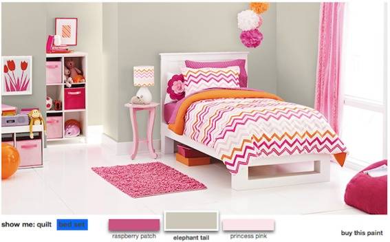 A pink and orange Chevron on white bedspread on a bed and a girl's room with lots of pink and white