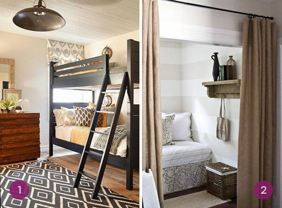 Grown up bunk beds, and a striped bed nook hidden behind a curtain.
