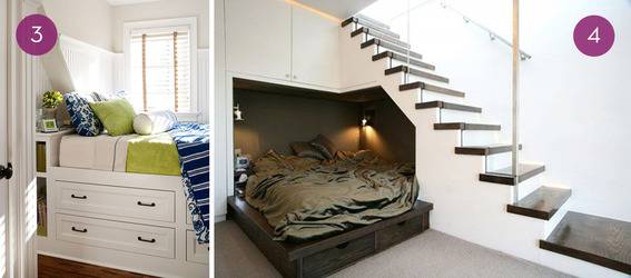 A bed nook with storage underneath, and a guest bed underneath a staircase.