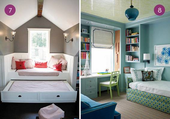 A trundle bed in the attic with pink throw pillows, and a blue and green office with an extra bed.