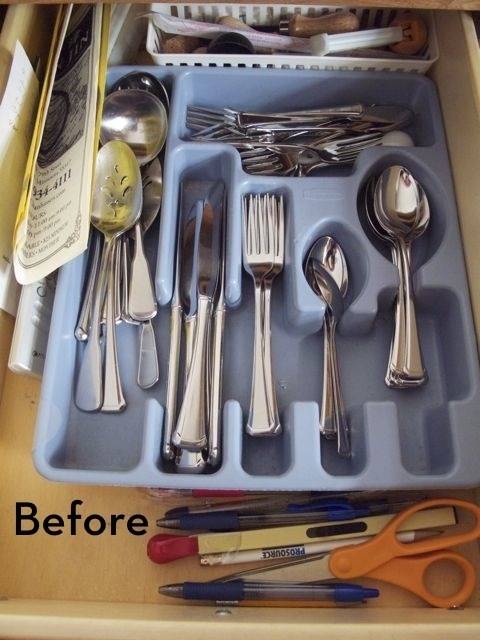 Tray with separate places for spoons, forks and scissors and pens aside inside the rack.