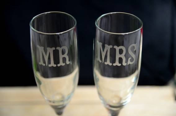 Mr. and Mrs. etched champagne flutes.