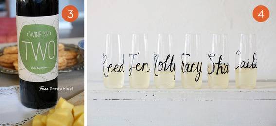 One bottle of wine and six glasses with text written over them.