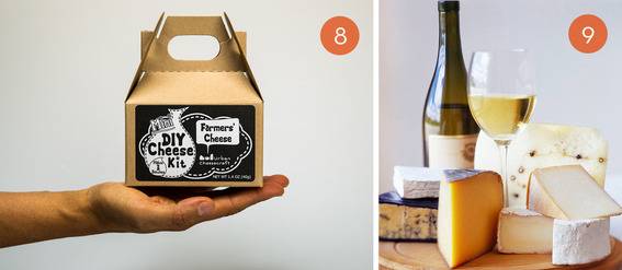 A person holds a box that says DIY cheese kit, and a bottle of wine is surrounded by various types of wedges of cheese.