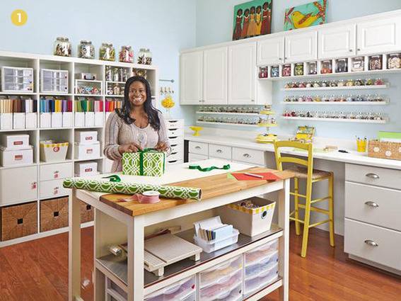 "Organized craft room with crafting lady and gift items."
