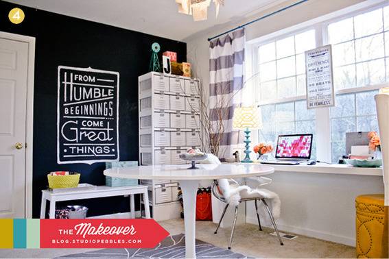 "Super organized and stylish craft room with table,quotes,chair and laptop."