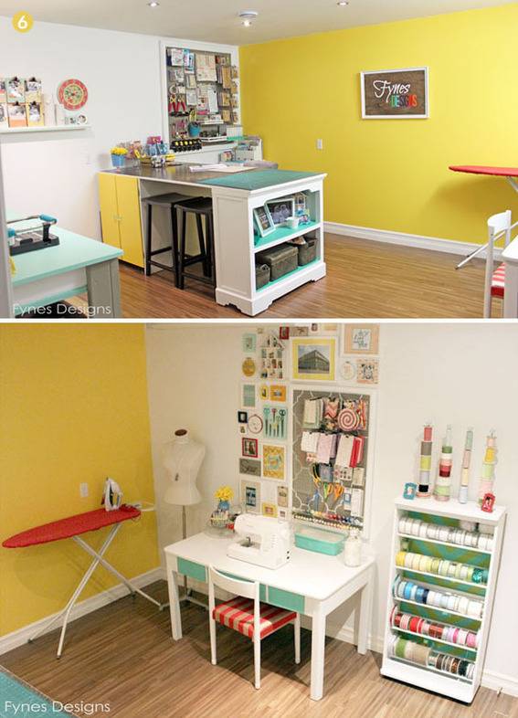 Clean and organize workspace, with bright yellow walls, and lots of pictures.