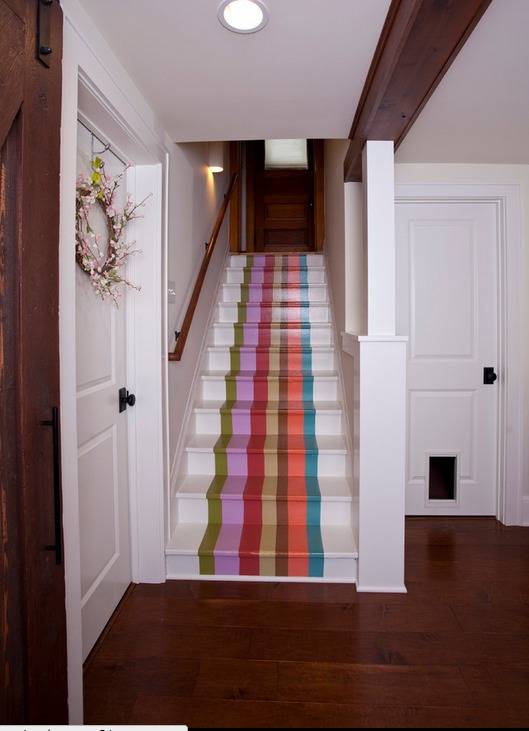 "Upstairs with colorful stripes."