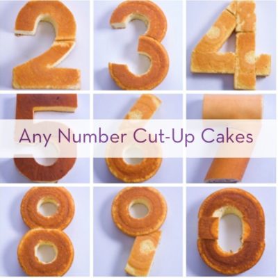 Several pictures show cut up cakes formed into numbers.