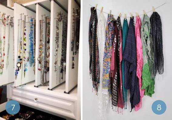Slide out jewelry storage and a scarf hanging idea.