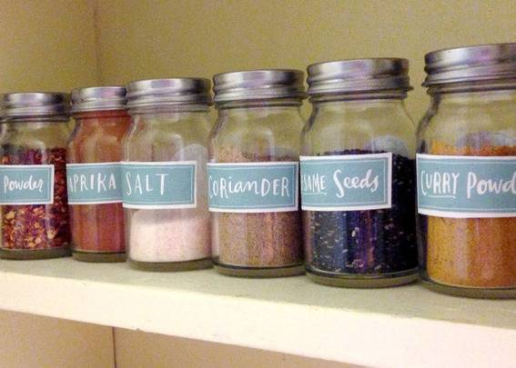 Labeled pantry containers.