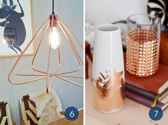 A copper light fixture and copper dipped vases.