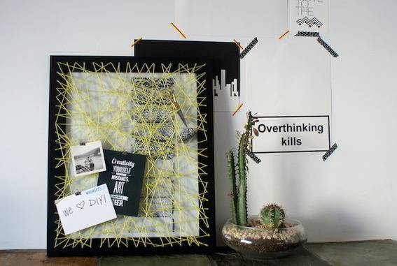 "Messed string frames with quotes and cactus represents overthinking."