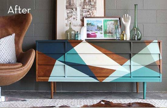 A storage shelf designed with different colored triangles.