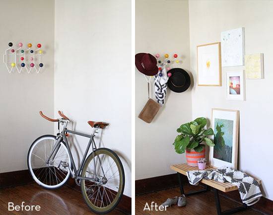 "Living room with cycle and after makeover full of wall hanging frames ."