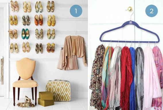 A double view of shoes hanging on a wall with a chair and clothes next to clothes hanging from a large hanger.