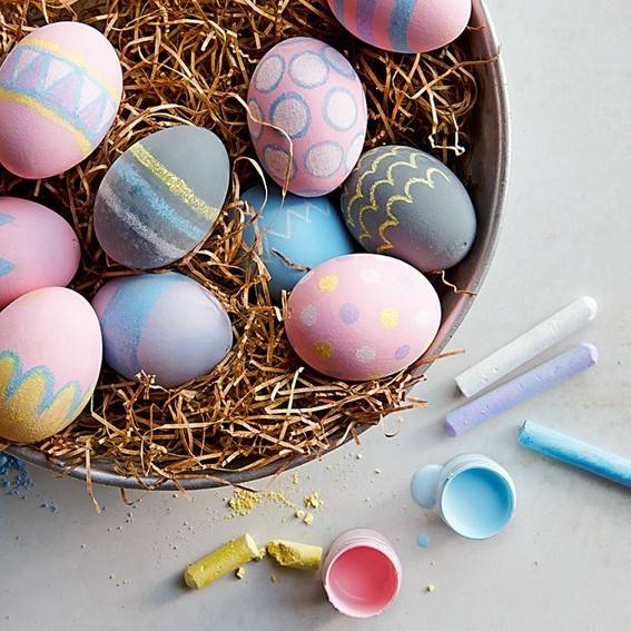 Colorful Easter eggs in basket.