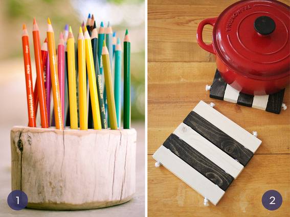 DIY wooden pencil holder and wooden trivets.