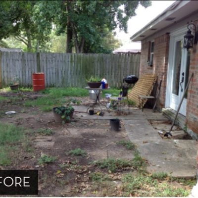 A before picture shows a messy backyard in shambles..