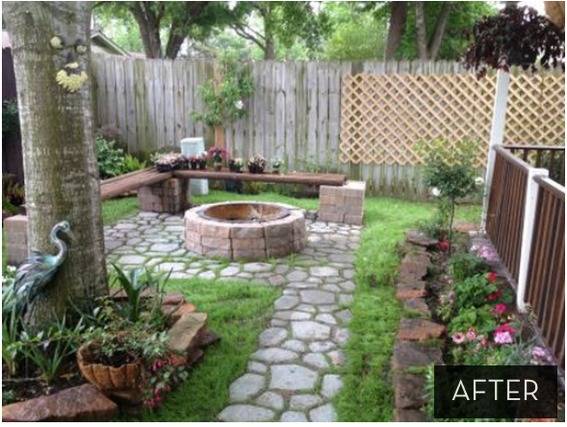 Re-designed backyard space with a fire pit and a flower bed, and a stone path.