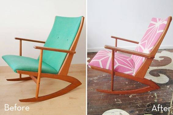 A teal rocking chair is seen before it becomes pink.