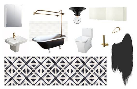 Items for a bathroom makeover include a light fixture, wallpaper and plumbing fixtures.