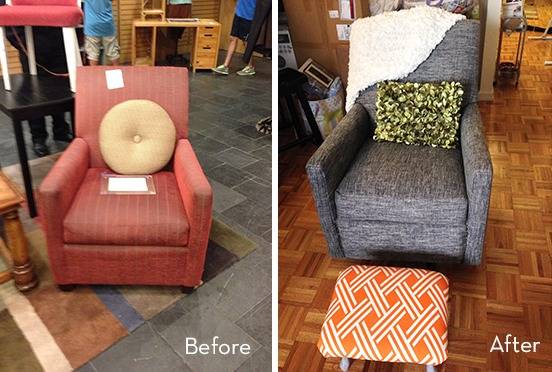 " Chair upholstery makeover with leather and cushions."