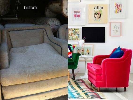 Before and after photos of a rug are shown lying in a room.