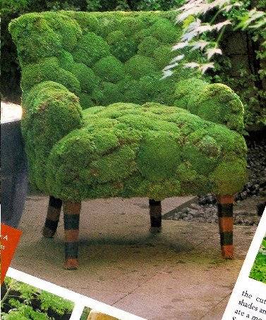 A cushioned chair covered in green moss.