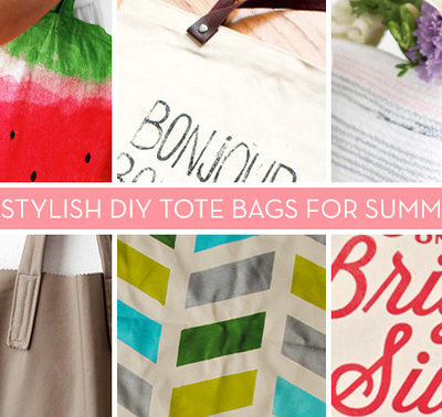 Six tote bags, some with patterns, some with print.