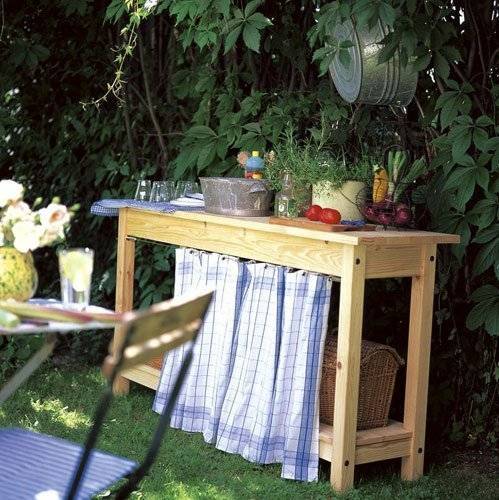 A sideboard with a curtained front, laden with fresh food in an outdoor seating area.