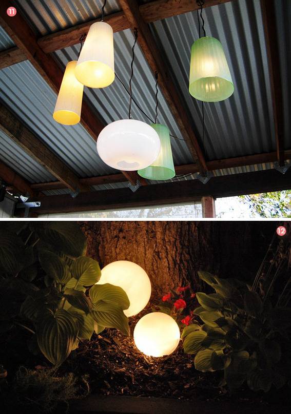 Different types of light fixtures on the ceiling and at the base of a tree.