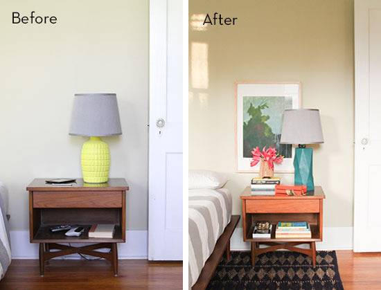 Before and after pictures of a bland room transformed into a colorful room.