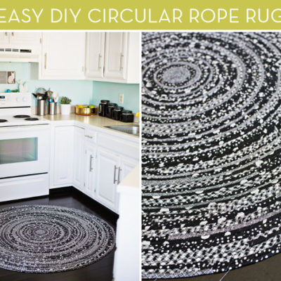"Circular rope rug is on the floor in kitchen."