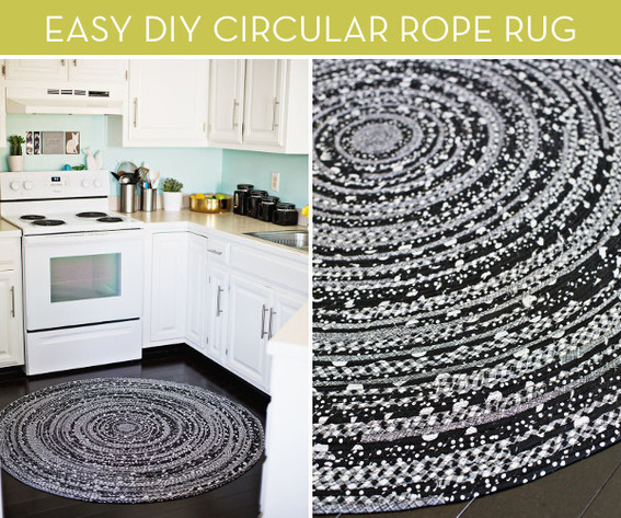 "Circular rope rug is on the floor in kitchen."